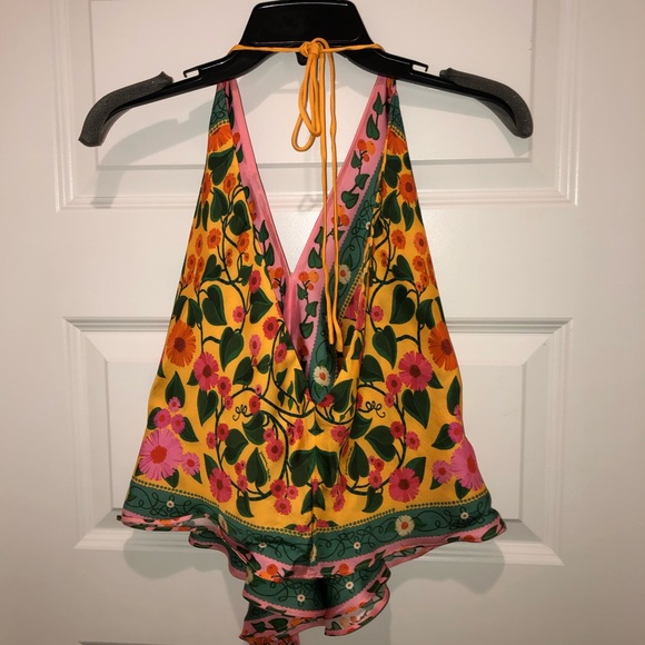 Farm Rio x Anthropologie Floral Pink Heart Printed Satin Halter Top Shirt sz XS - Picture 5 of 6